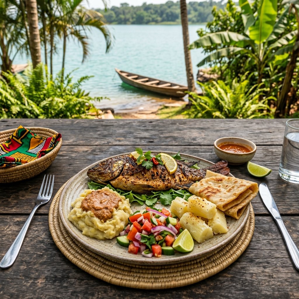 Fresh-cooked Ugandan meal served by the lakeside